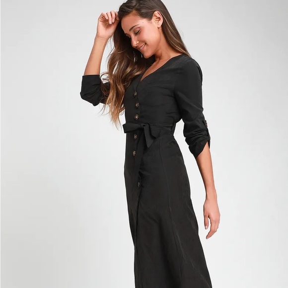 Pull Me Close Washed Black Suede Button-Up Midi Dress from Lulus - Picture 2 of 6